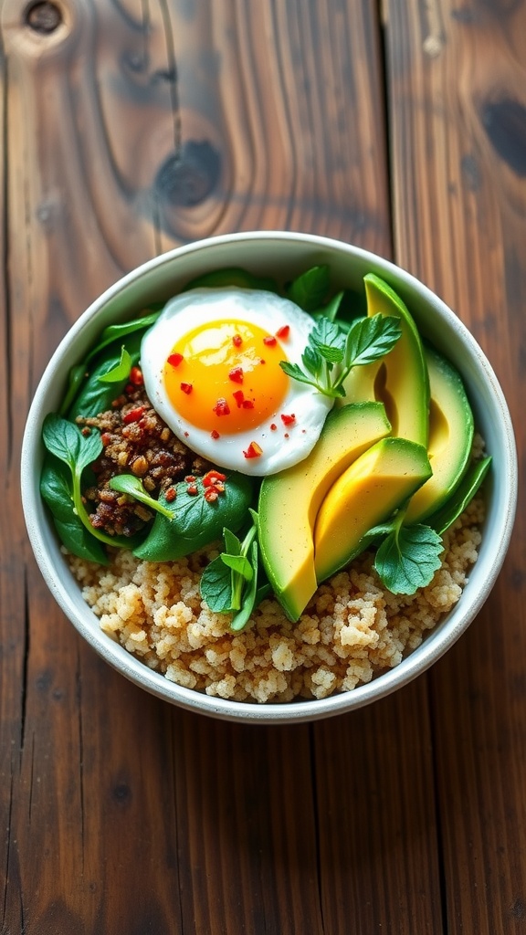 A colorful keto breakfast bowl with quinoa, spinach, avocado, and fried eggs garnished with herbs and chili flakes.
